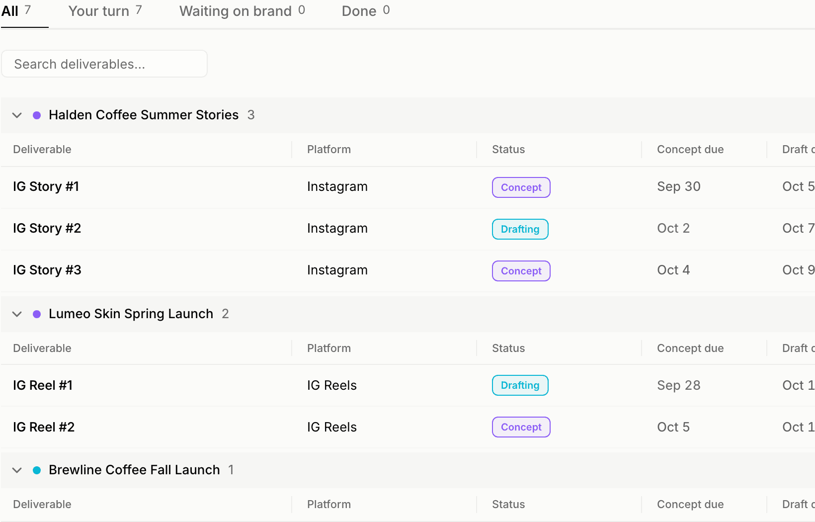 Real deliverables list showing IG Stories and Reels with status and due dates