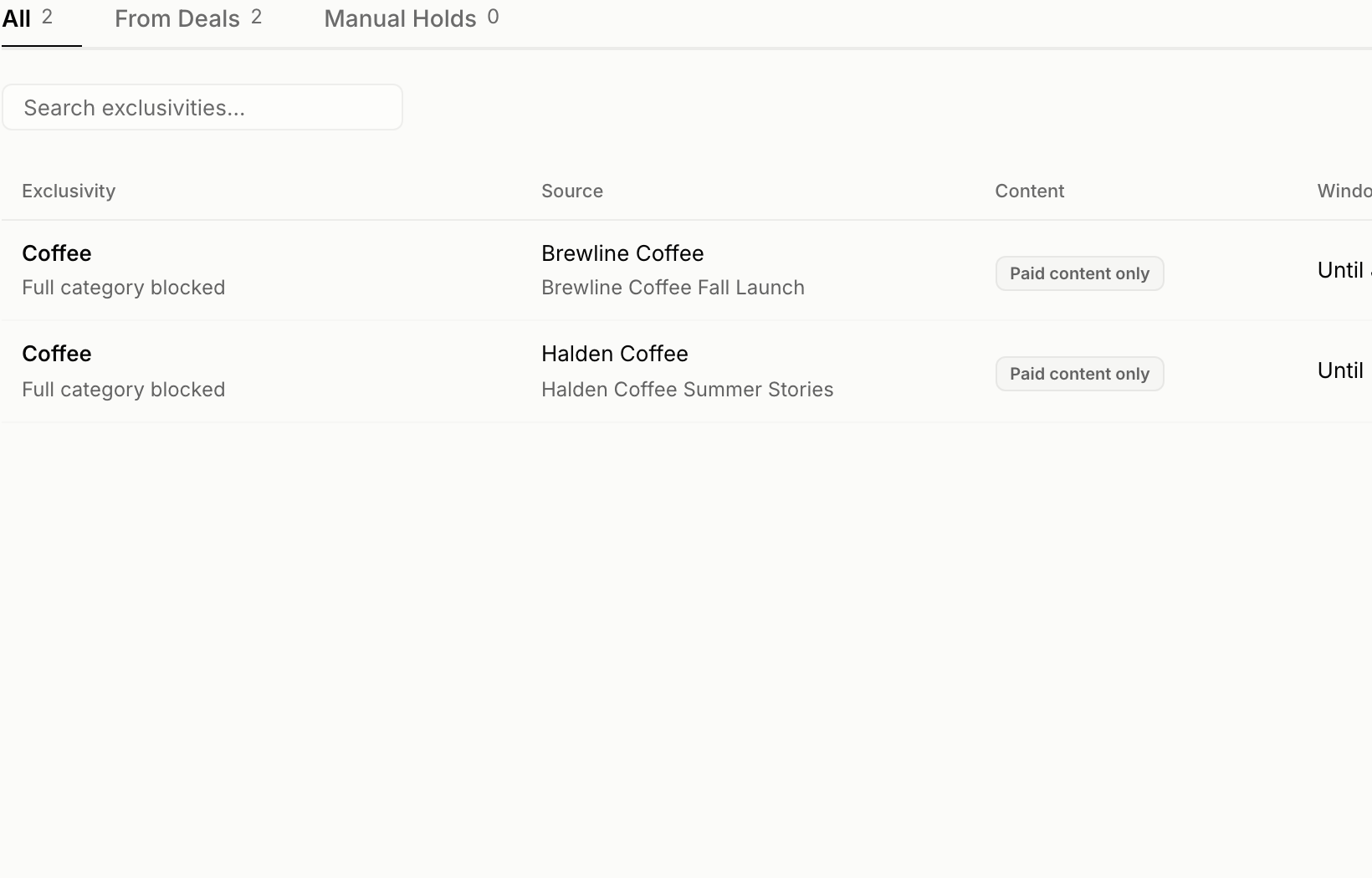 Real exclusivity list showing the coffee category for Trade Coffee and Peet's Coffee